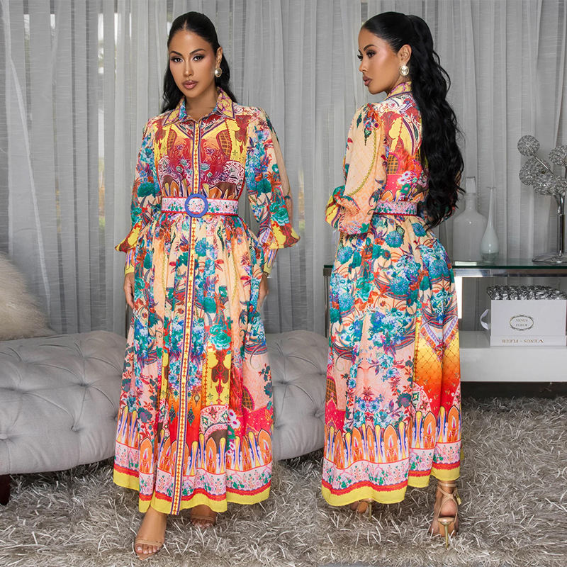 Ethnic Fashion Women - Autumn Lapel Lantern Sleeves Waist Ethnic